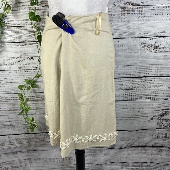 Willi Smith Skirt 8 Tan Stone Linen Knee A Line Ribbon Flowers Buttons Wedding - Picture 9 of 10